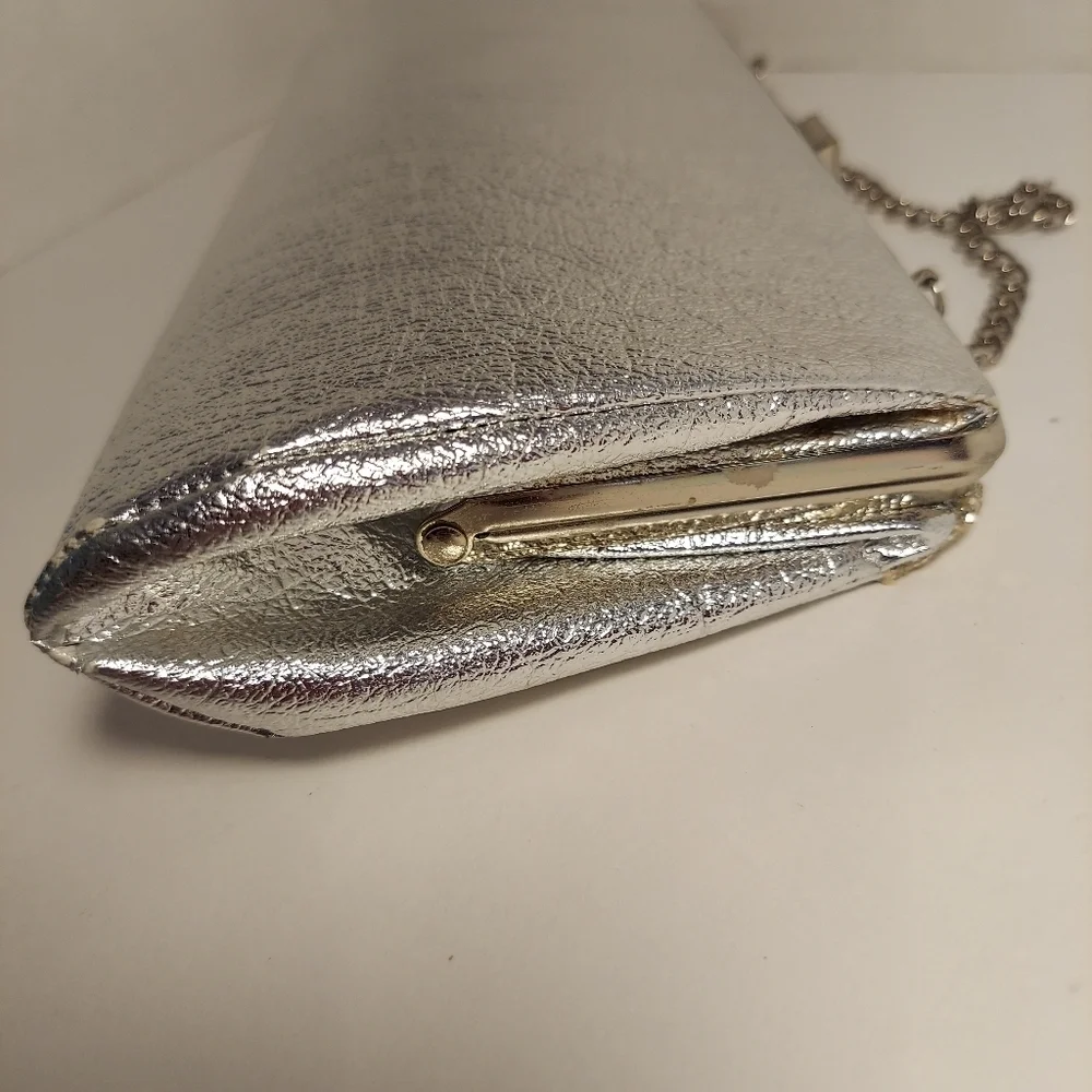 Vintage Silver Metallic + Glitter Clutch Evening Bag Purse Cocktail Prom Formal - Picture 13 of 15